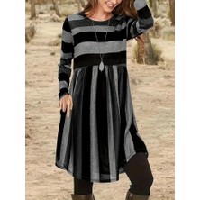 Tua Moda Kadın Uzun Kollu Bisiklet Yaka Çizgili Desen Detaylı Süprem Mini Elbise