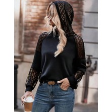 Gökyüzü Moda Kadın Uzun Kollu Dantelli Kapşonlu Viskon Iki Iplik Bluz