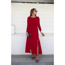 Aisha Elbise Kadın Uzun Kollu Hafif Kayık Yaka Sırt Dekolteli Yırtmaç Detaylı Viskon Tam Boy Elbise