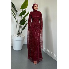 Merven Akyüz Eloria Pelerinli Boncuk Işlemeli Abiye Bordo