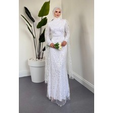 Merven Akyüz Eloria Pelerinli Boncuk Işlemeli Abiye Beyaz