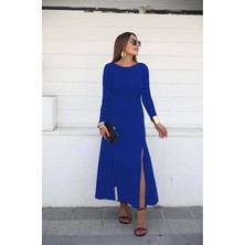 Mç Plus Kadın Uzun Kollu Hafif Kayık Yaka Sırt Dekolteli Yırtmaç Detaylı Viskon Tam Boy Elbise