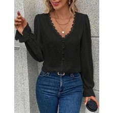 Gökyüzü Moda Kadın Uzun Kollu V Yakalı Önden Düğmeli Bluz