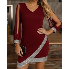 Miracotton Kadın Uzun Kollu V Yakalı Pulpayetli Ithal Krep Elbise