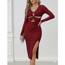 Arben Boutique Kadın Uzun Kollu Göğüs ve Göbek Dekolte Detay Sandy Midi Boy Elbise