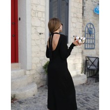 Bemy Çarşı Kadın Uzun Kollu Yarı Balıkçı Yaka Arkadan Pencere Detaylı Bağcıklı Midi Triko Elbise