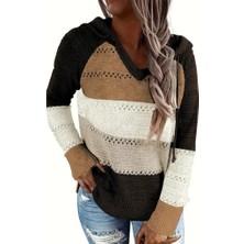 Arben Boutique Kadın Uzun Kollu V Yakalı Bağcıklı Kapşonlu Triko Bluz