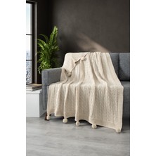 Sevim Ponponlu Triko Örme Tv Battaniyesi–Örgü Koltuk & Omuz Şalı & Diz Battaniyesi–130x170 cm-Koyu Krem