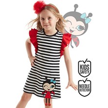 Denokids Kız Çocuk Elbise Günlük Stil Uğur Böceği Aplikeli Çizgili Tasarım Renkli
