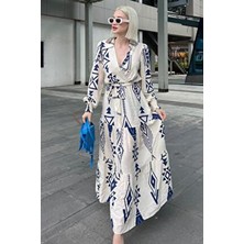 Madmext Kadın Kruvaze Yaka Uzun Elbise Trend Kloş Silüet Desenli Özel Günler İçin