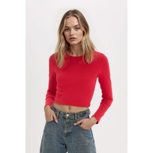 DeFacto Fitted Basic Düz Ribana Uzun Kollu Kırmızı Tişört E7797AX25SP