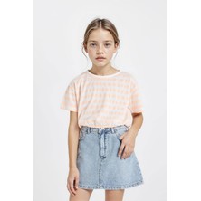 DeFacto Bisiklet Yaka Çizgili Kısa Kollu Tişört Kız Çocuk B7180A824SM