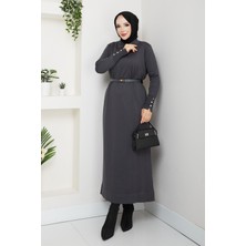 Pamuk Butik Kadın Kemerli Düğme Detaylı Merserize Triko Elbise -PMK463