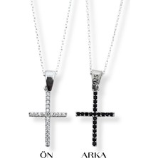 Oya Silver Çift Yönlü Siyah Beyaz Taşlı Gümüş Kadın Haç Kolye