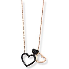 Oya Silver Rose Gold Siyah Işıltılı Çift Kalp Gümüş Kadın Hayalet Kolye