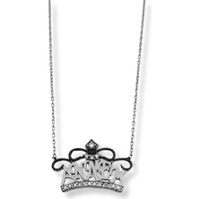 Oya Silver Siyah&beyaz Işıltılı Annem Yazılı Kraliçe Tacı Gümüş Hayalet Kolye