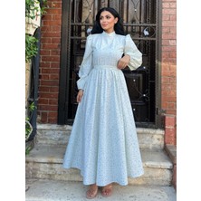 Küçüğüm Butik Tesettür Su Yeşili Papatya Kloş Poplin Elbise