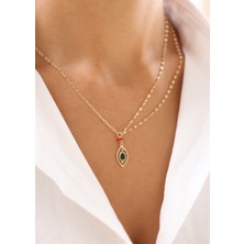 Zeyd Jewelry Vintage Yaprak Figürlü Yeşil Taşlı Altın Kolye 14 Ayar