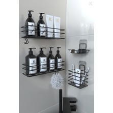 Karteyapaslanmaz Yapışkanlı Siyah Metal Banyo Rafı Düzenleyici 4'lü Set Kancalı Duş Rafı Sabunluk Rafı