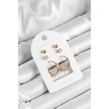 Dktt Pirinç Zirkon Taş ve Halka Figürlü Gold Renk 3'lü Çift Kadın Küpe Set - TJ-BKP10652