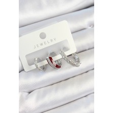 Dktt Pirinç Zirkon Taşlı Bordo Pembe Halka Model Gümüş Renk 3'lü Çift Kadın Küpe Set - TJ-BKP10791