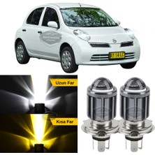 Caralp Nissan Micra 2002-2010 Uyumlu Mercekli Far Ampulü LED Xenon Çift Renk Sarı-Beyaz Far Şimşek Etkili Csp LED Lamba Uzun Kısa 2 Adet Takım