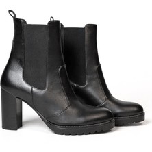 Ne&Ve Shoes Siyah Deri Iki Yandan Lastikli Kadın Kalın Topuklu Chelsea Bot