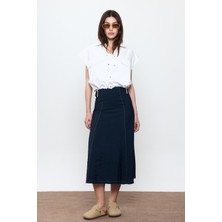 Sherin Lacivert Dikiş Detaylı Midi Etek