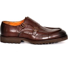 Tuna Hakiki Deri Kroko Baskı Kahverengi Klasik Erkek Ayakkabı Eva Taban Çift Toka Detaylı - 1202