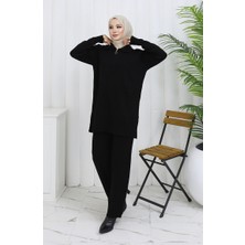 Triko Fermuarlı Çizgili Tunik Pantolon Ikili Takım 1073-01 Siyah
