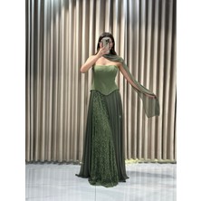 Kaleiçi Yıldızlar Haki Straplez Şifon Dantel Detay Yeni Sezon Abiye 5681