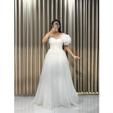 Kaleiçi Yıldızlar Beyaz Tek Omuz Kloş Tül Abiye 5161