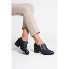 Kadın Hakiki Deri Fermuar Detaylı Şık Topuklu Ayakkabı - Lacivert