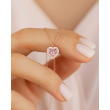 İndigo Takı Pembe Kalp Taşlı Pırlanta Görünümlü Rose Gümüş Kolye