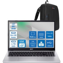 Acer Aspire Go 15 Intel Core I7-13620H Ddr5 64GB 4tb SSD Freedos Intel UHD Graphics 15,6" Fhd (1920 x 1080) IPS Taşınabilir Bilgisayar NXJ6SEY001F30 + Zetta Çanta
