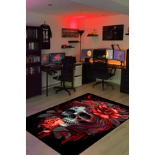 Carmine Carpet Dijital Baskı Yıkanabilir Kurukafa Gül Desenli Gamer Halı