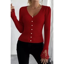 Gülseli Kol Güpür Detaylı V Yaka Triko Bluz P-00018358