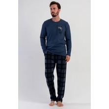 Vienetta Erkek Mavi Uzun Kollu Bisiklet Yaka Kareli Alt 2 Iplik Pijama Takımı C1T8N1305