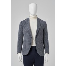 Morven Erkek Lacivert Örme Trend Ekoseli Slim Fit Mono Yaka Ceket