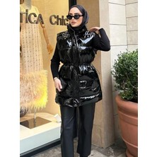 Kadın Fermuarlı Çıt Çıtlı Cepli Siyah Parlak Şişme Yelek