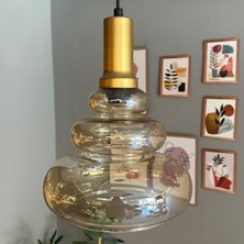 Bamyum Lily Cam Bal Rengi Tekli Avize Gold Fener Başlık Retro Sarkıt Lamba Restoran Salon Aydınlatma