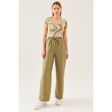 Schlank Kadın Haki Beli Lastikli Ayrobin Yazlık Palazzo Pantolon