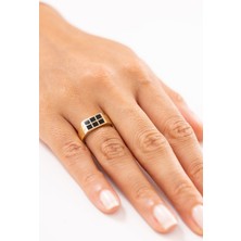 Zeyd Jewelry Şık ve Modern Siyah Kare Desenli 14 Ayar Altın Yüzük