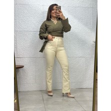 İnpoema Krem Yüksek Bel Jean Pantolon