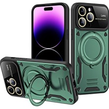Techno Guru iPhone 16 Pro Max Kılıf Manyetik Standlı Joy Lens Premium Tank Silikon Kapak - Koyu Yeşil