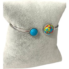 Cesicey Çelik Mavi Kırmızı Sarı Detaylı Gümüş Renkli Kararmaz Kadın Bilezik Bileklik