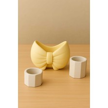 3'lü El Yapımı Dekoratif Saksı Handmade Taş Tozu Fiyonk Tasarım Mumluk Kalemlik Sukulent Obje 8cm