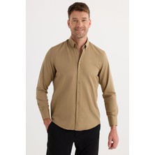 Tudors Regular Fit Düğmeli Yaka Pamuklu Kolay Ütü Oxford Düz Erkek Vizon Gömlek