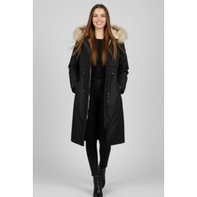 Manga Moda Kürk Kapüşonlu Uzun Şişme Mont M0160 Siyah