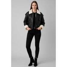 Manga Moda Deri Kürk Detaylı Kısa Ceket M4758 Siyah